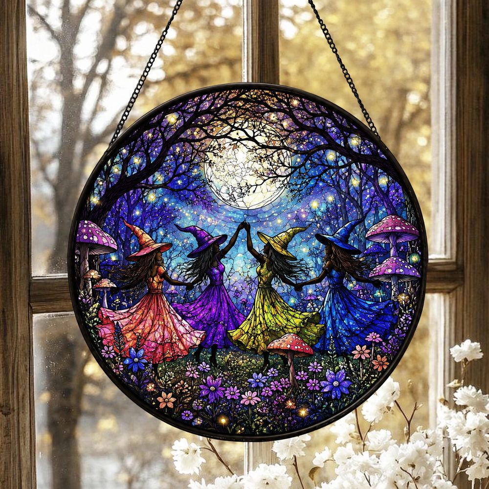 Witch Dancing Stained Glass Suncatcher Halloween Window Decor - Style 7