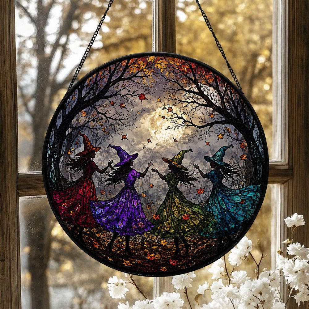 Witch Dancing Stained Glass Suncatcher Halloween Window Decor - Style 8