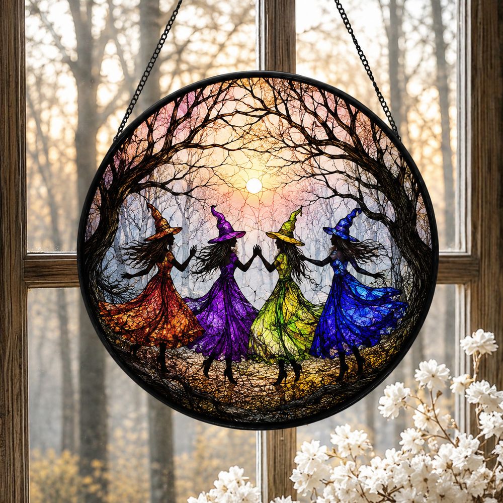 Witch Dancing Stained Glass Suncatcher Halloween Window Decor - Style 9