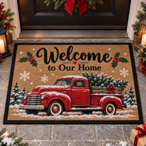 Christmas Red Truck Doormat, Welcome to Our Home Holiday Door Mat, Rustic Farmhouse Winter Entryway Rug