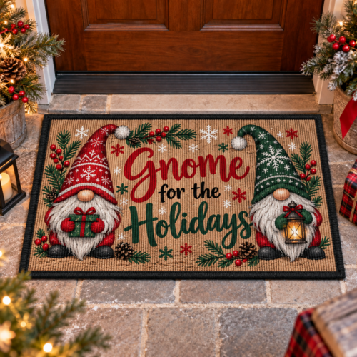 Christmas Gnome Doormat, Gnome for the Holidays Welcome Mat, Funny Holiday Door Rug, Rustic Farmhouse Winter Decor