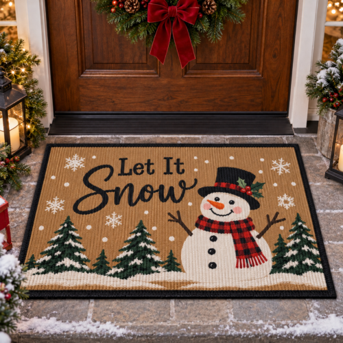 Let It Snow Doormat, Snowman Christmas Welcome Mat, Rustic Winter Door Rug, Non Slip Farmhouse Entryway Decor