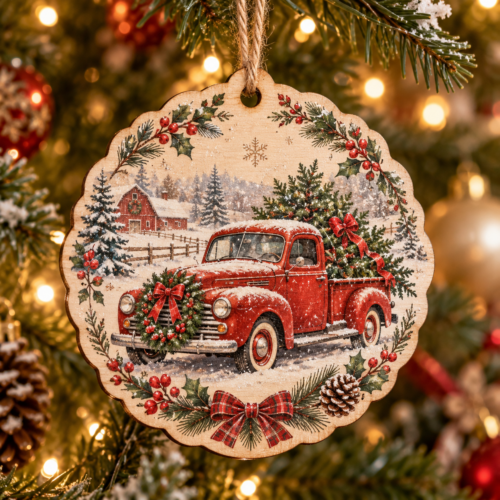 Vintage Red Truck Christmas Ornament, Rustic Wooden Tree Decoration, Farmhouse Winter Holiday Gift
