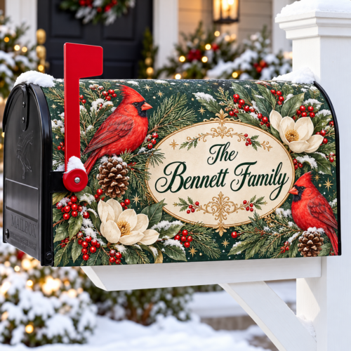 Personalized Christmas Mailbox Cover, Red Cardinal and Magnolia Design with Custom Family Name, Magnetic Outdoor Holiday Decor