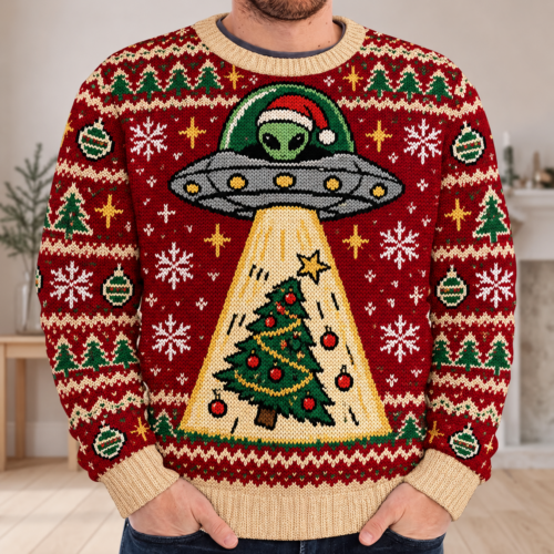 Alien Christmas Sweater, UFO Abduction Ugly Holiday Pullover, Funny Space Xmas Outfit, Festive Unisex Gift