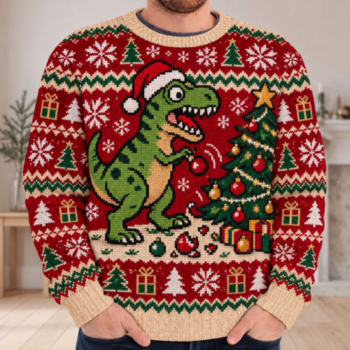 Christmas Dinosaur Sweater, Funny T Rex Ugly Holiday Pullover, Santa Dino Xmas Party Outfit, Festive Unisex Gift