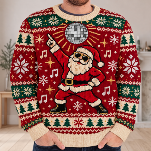 Disco Santa Christmas Sweater, Funny Ugly Holiday Pullover, Dancing Santa Xmas Party Outfit, Retro Festive Unisex Gift