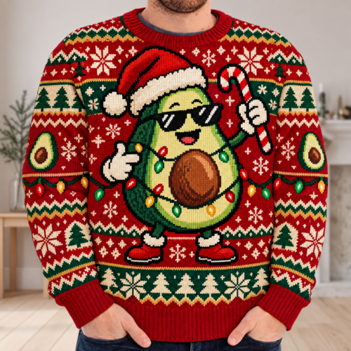 Christmas Avocado Sweater, Funny Ugly Holiday Pullover, Cute Santa Avocado Xmas Party Outfit, Festive Unisex Gift